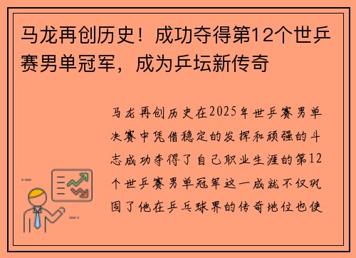 马龙再创历史!成功夺得第12个世乒赛男单冠军,成为乒坛新传奇 马龙再创历史!成功夺得第12个世乒赛男单冠军,成为乒坛新传奇